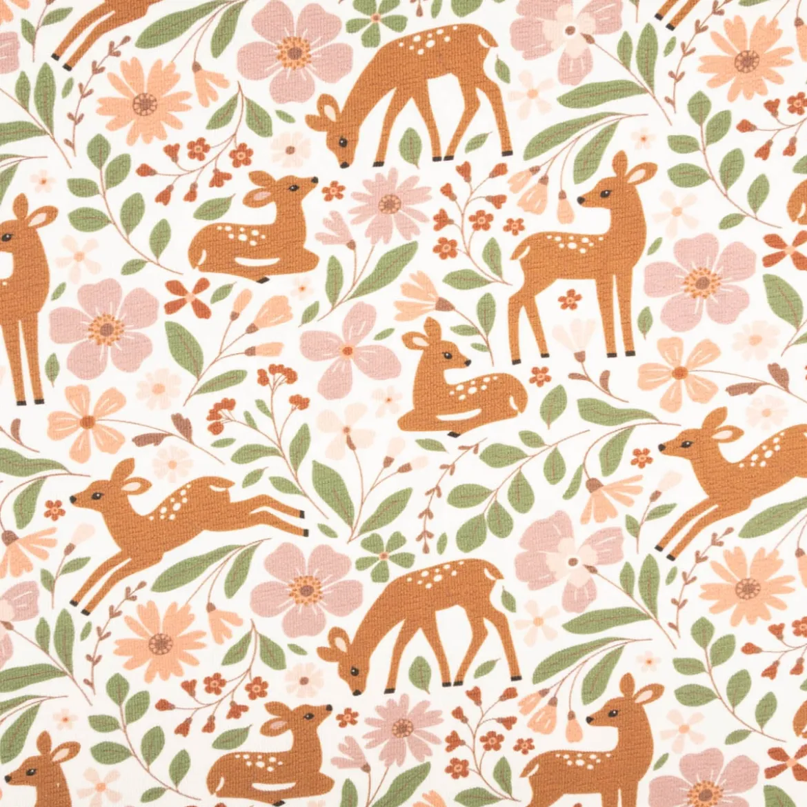 French Terry Krepp Stoff Baumwolle Rehe Blumen wollweiß bunt 155cm