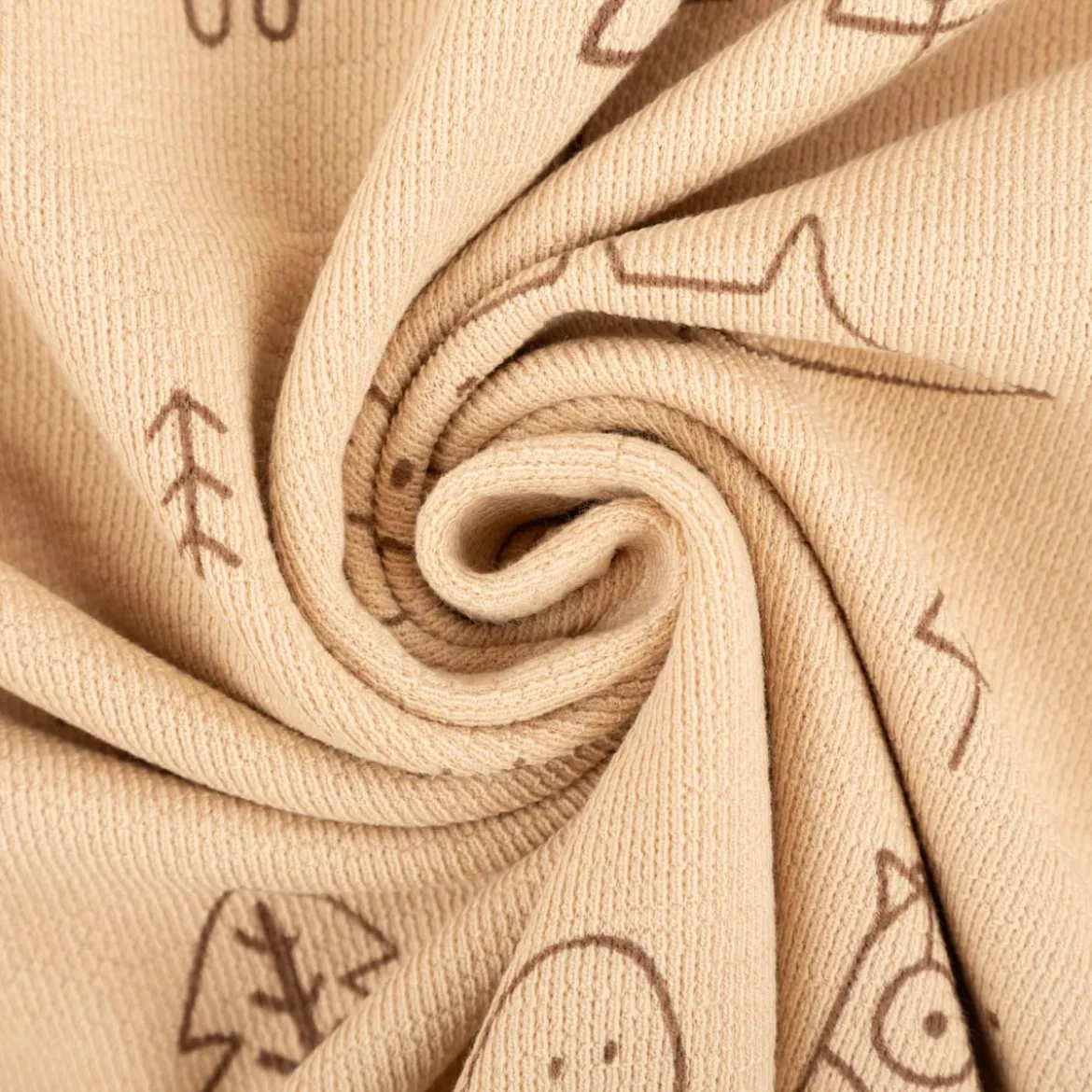 French Terry Krepp Stoff Baumwolle Füchse Wald beige braun 155cm