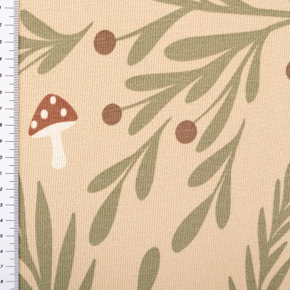 French Terry Krepp Stoff Baumwolle Pilze beige grün rot 155cm