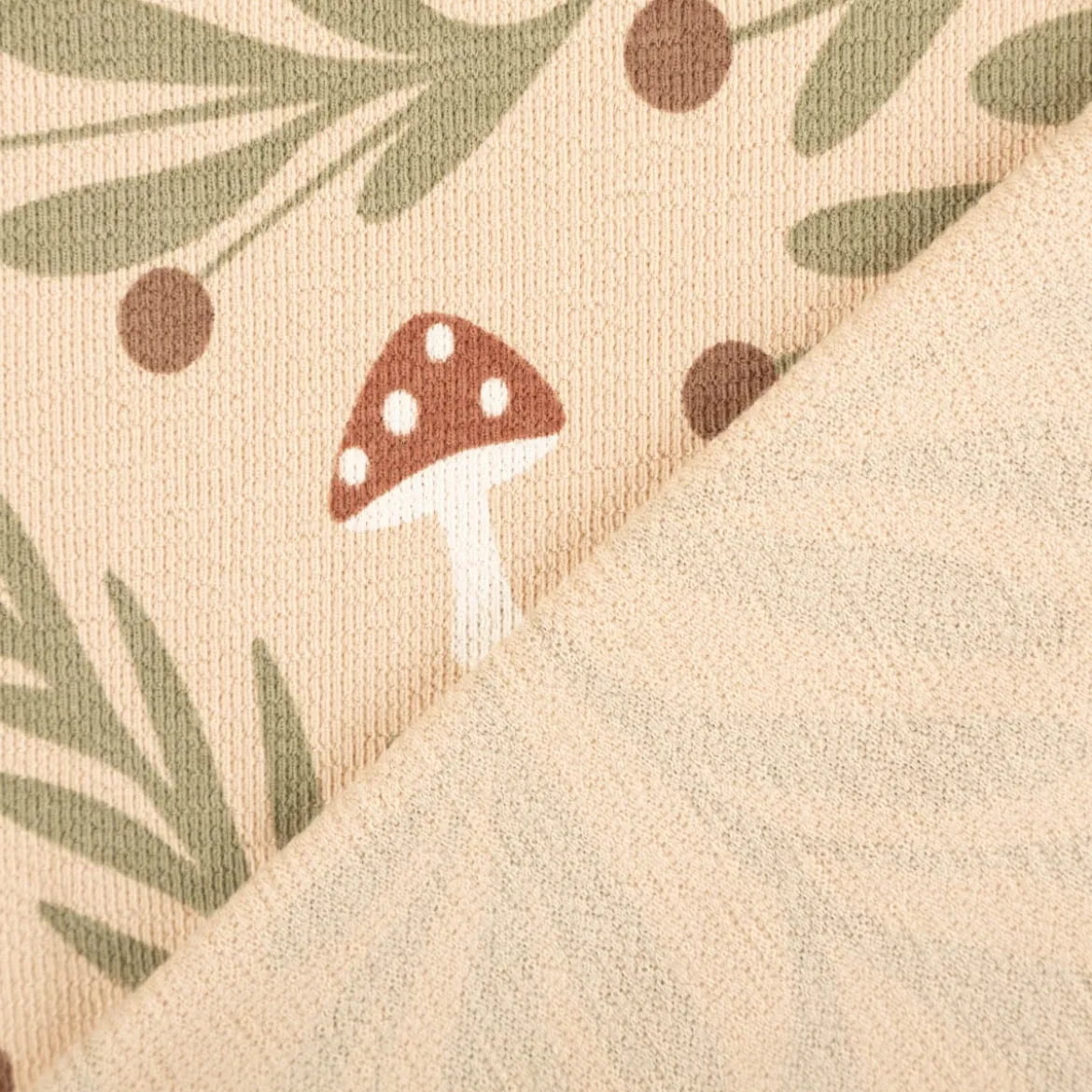 French Terry Krepp Stoff Baumwolle Pilze beige grün rot 155cm