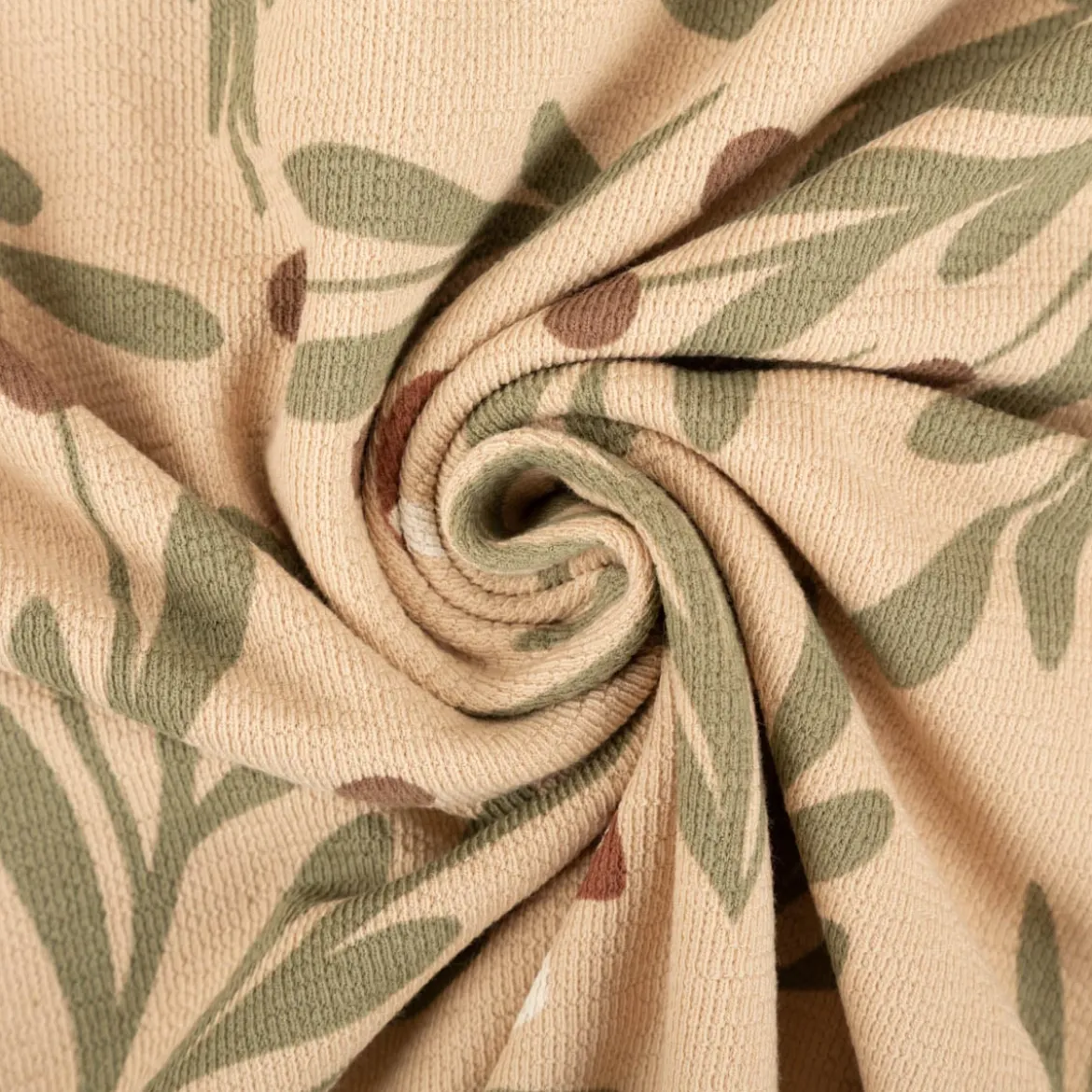 French Terry Krepp Stoff Baumwolle Pilze beige grün rot 155cm