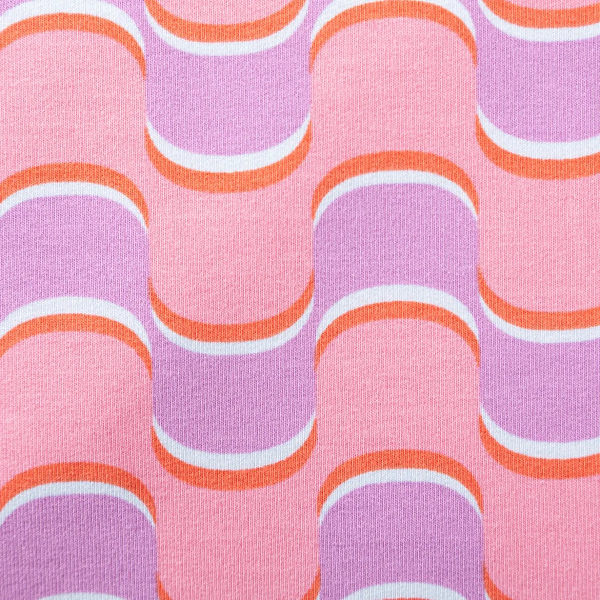 French Terry Sommersweat ABSTRACT Retro geschwungene Linien rosa lila 1,45m Breite