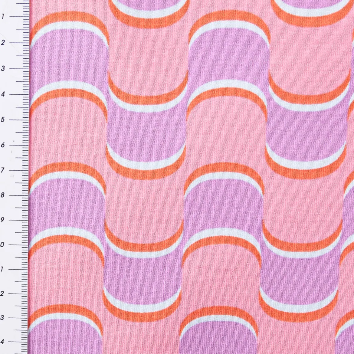 French Terry Sommersweat ABSTRACT Retro geschwungene Linien rosa lila 1,45m Breite