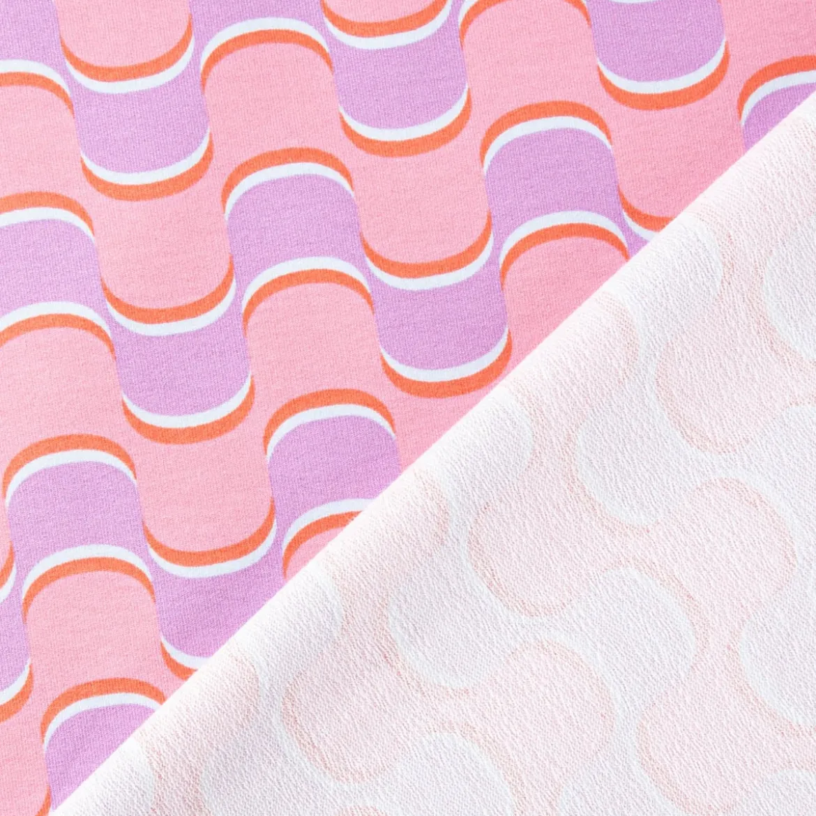 French Terry Sommersweat ABSTRACT Retro geschwungene Linien rosa lila 1,45m Breite