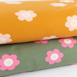 French Terry Sommersweat BIG FLOWERS Blumen altgrün pink 1,5m Breite