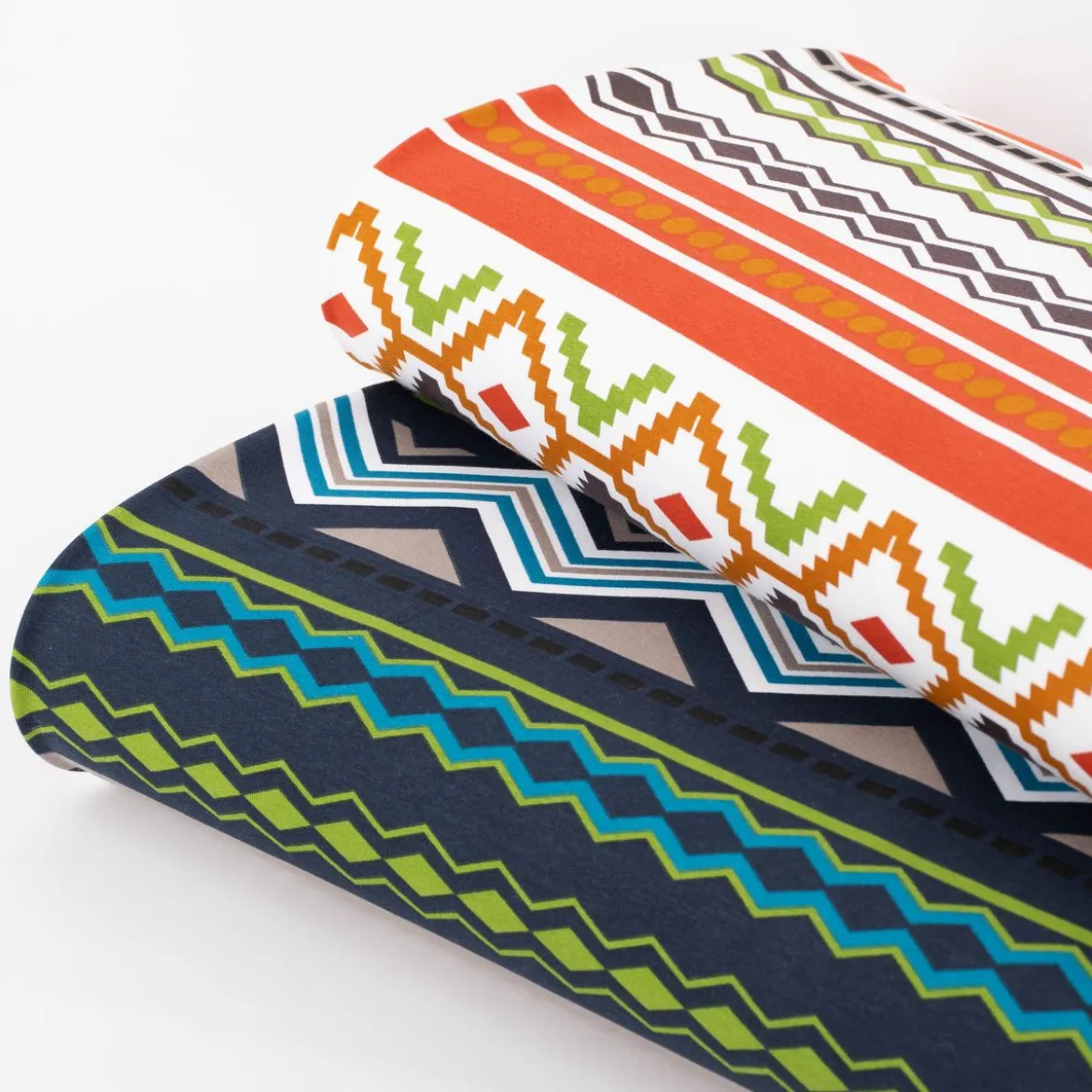 French Terry Sommersweat Meterware Ikat Ethno weiß orange grün 1,45m Breite