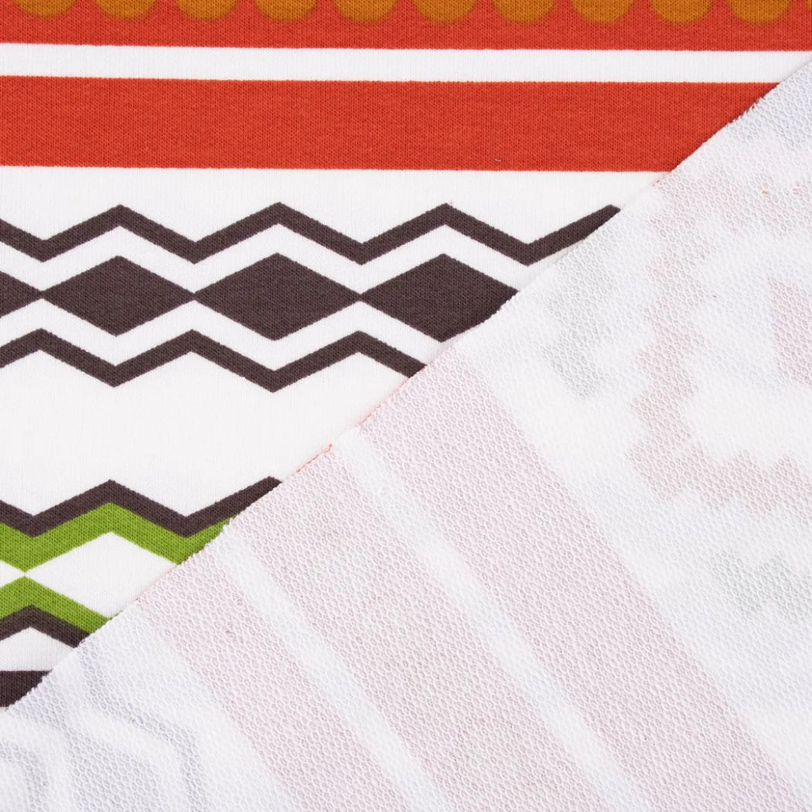 French Terry Sommersweat Meterware Ikat Ethno weiß orange grün 1,45m Breite
