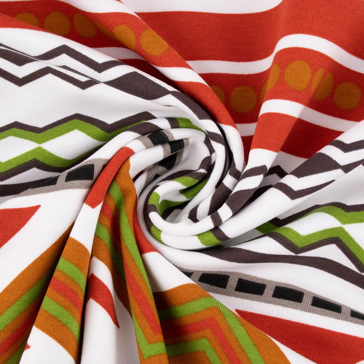 French Terry Sommersweat Meterware Ikat Ethno weiß orange grün 1,45m Breite