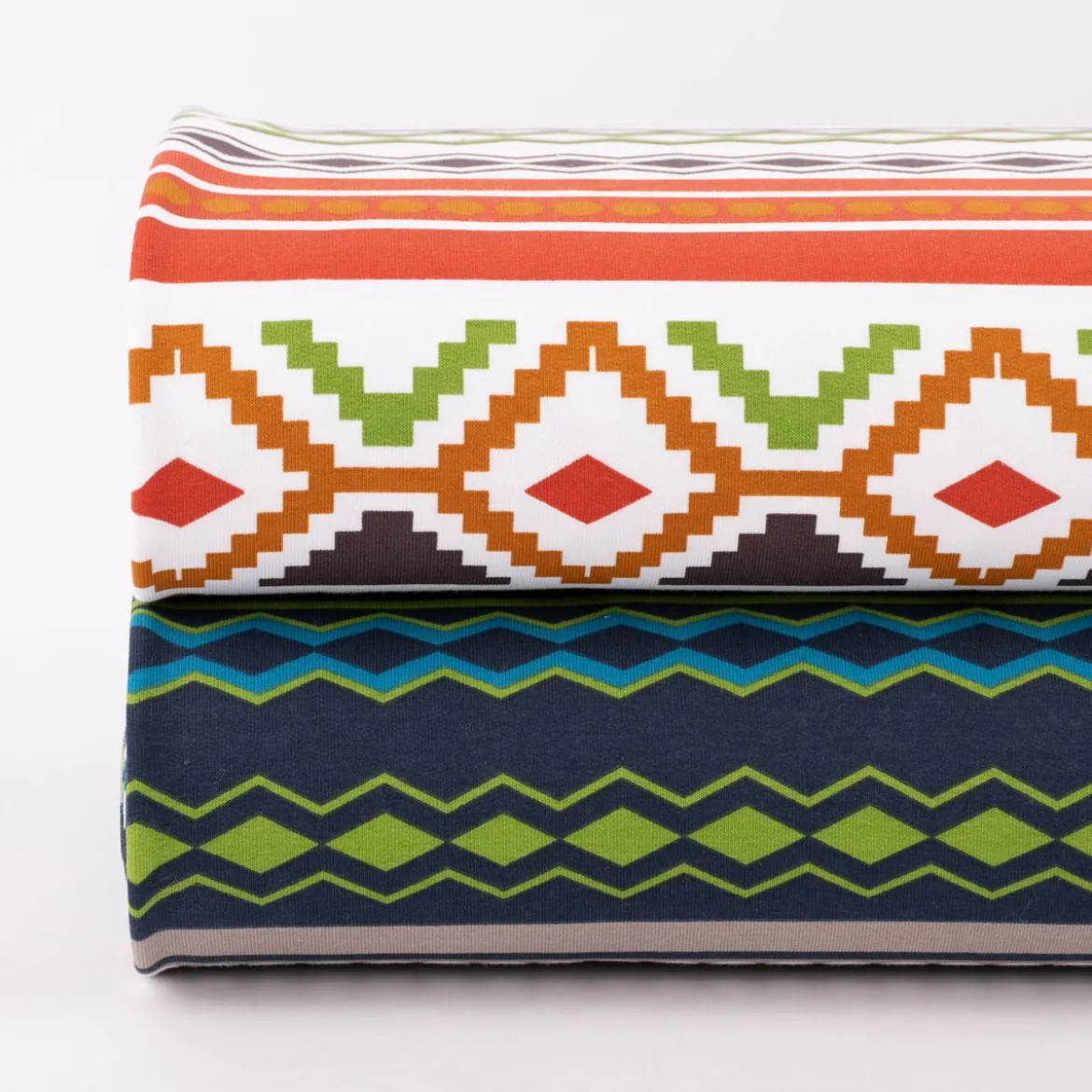 French Terry Sommersweat Meterware Ikat Ethno weiß orange grün 1,45m Breite