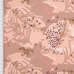 French Terry Sommersweat Meterware Leaves Blätter rosa 1,45m Breite