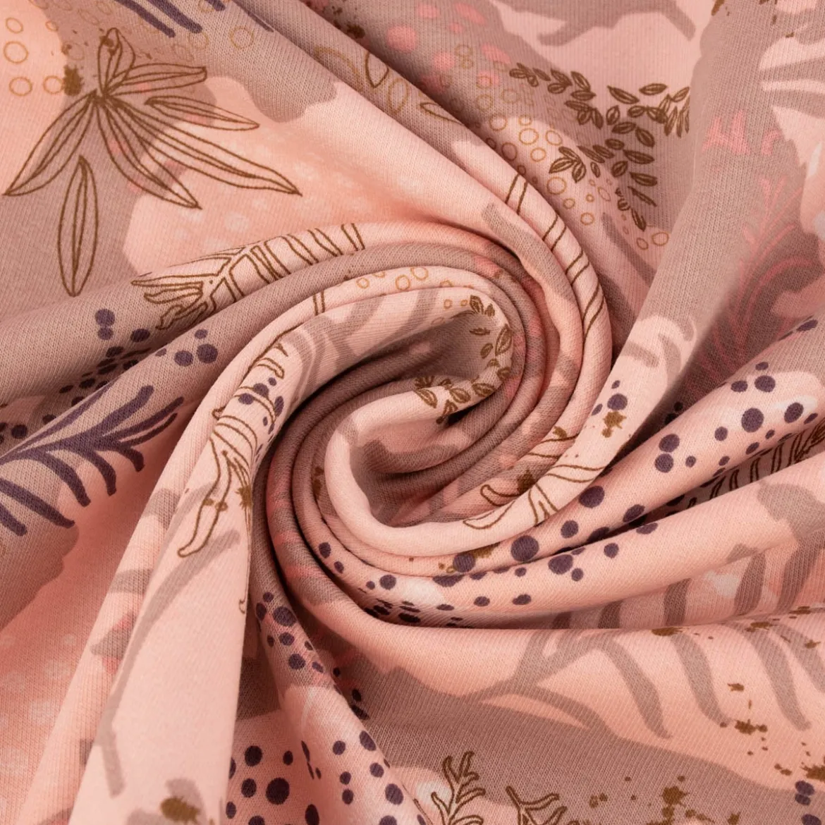 French Terry Sommersweat Meterware Leaves Blätter rosa 1,45m Breite