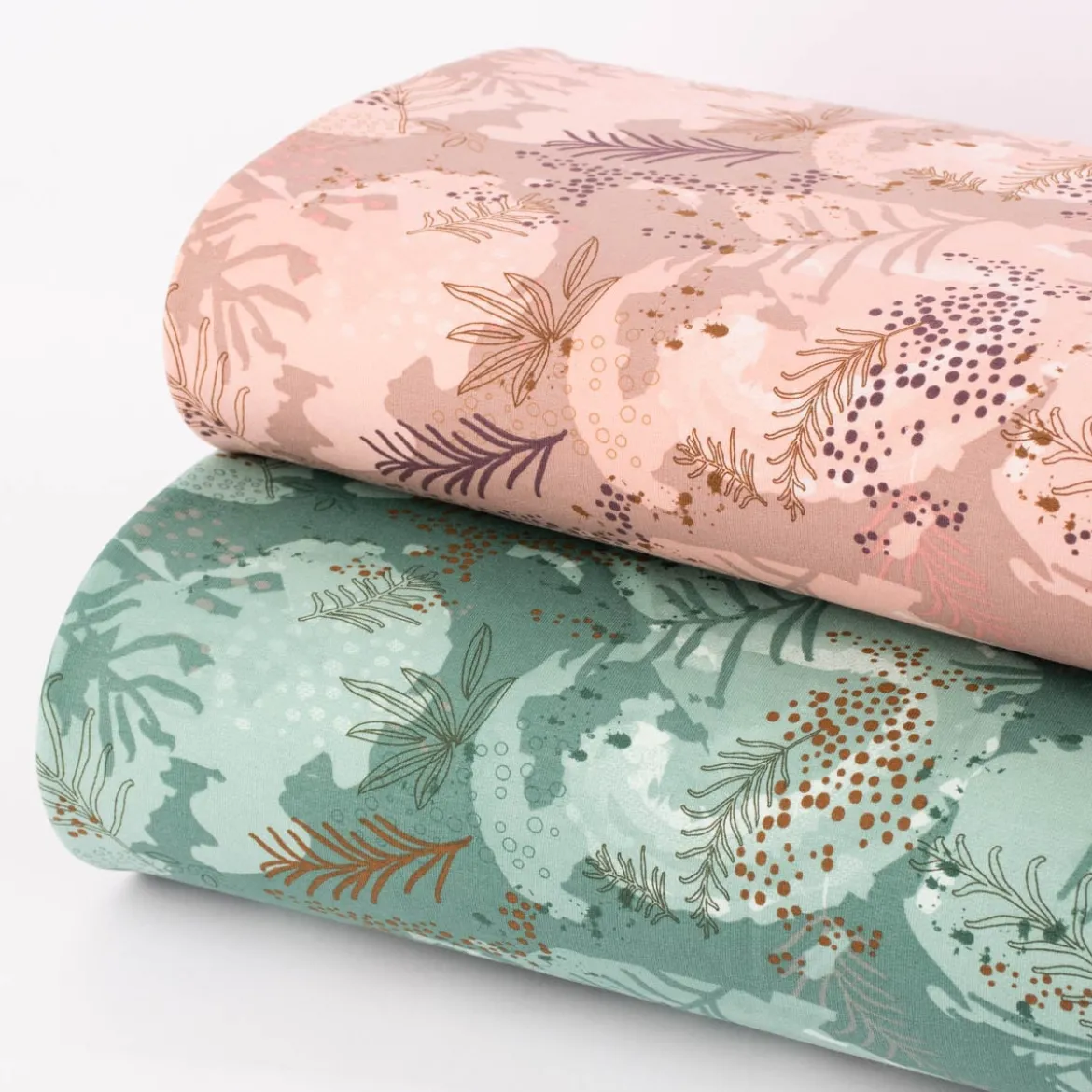 French Terry Sommersweat Meterware Leaves Blätter rosa 1,45m Breite