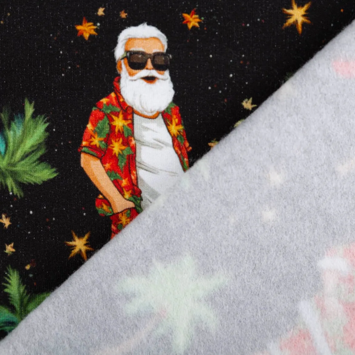 French Terry Stoff Hawaii Santa schwarz Weihnachtsstoff angeraute Innenseite 240g/qm 145cm Breite