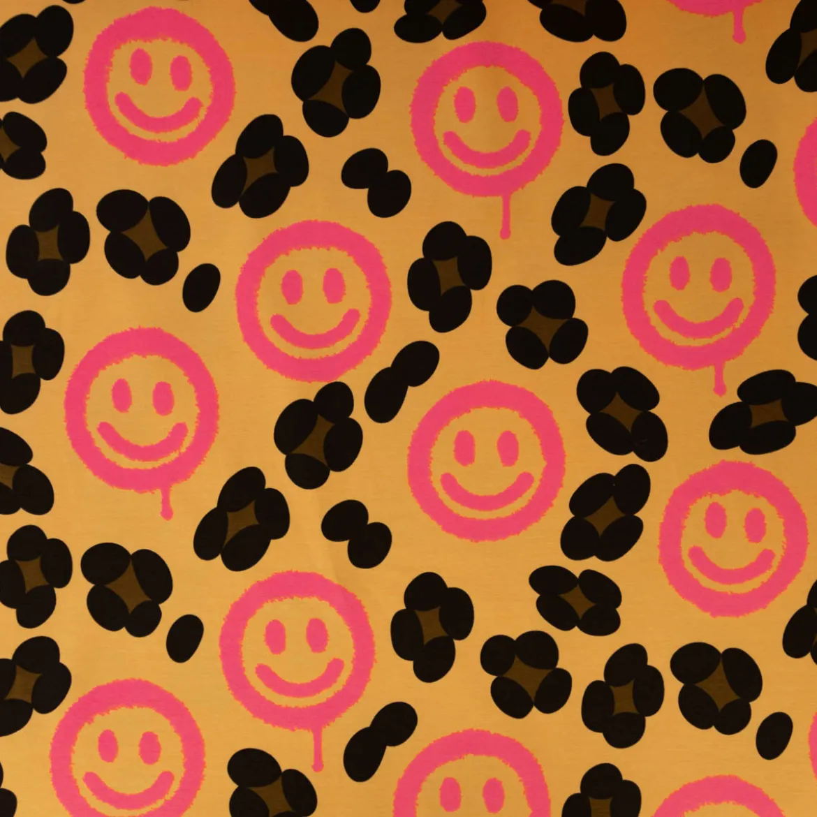 French Terry Stoff Leo mit Happy Faces neon pink Digitaldruck 1,5m Breite