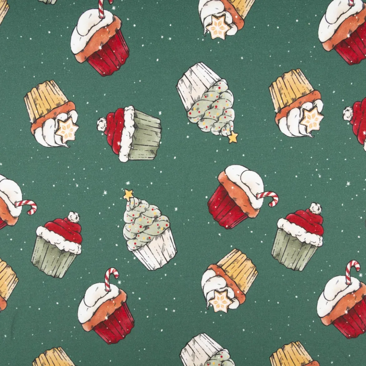 French Terry Stoff Weihnachts-Cupcakes dunkelgrün Weihnachtsstoff angeraute Innenseite 250g/qm 150cm Breite