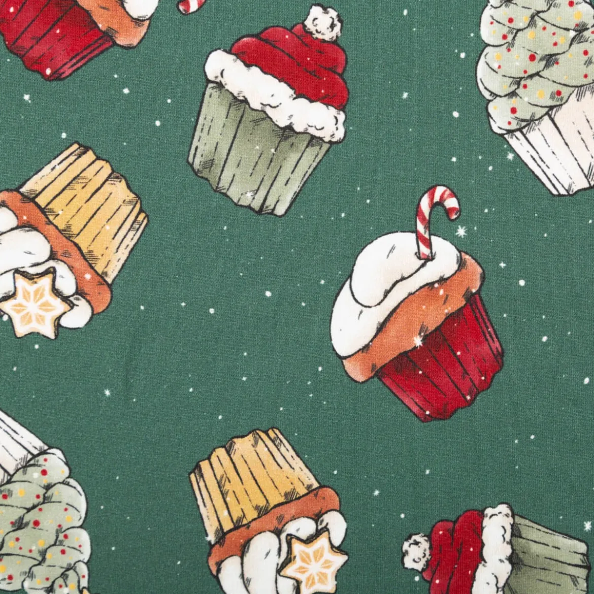 French Terry Stoff Weihnachts-Cupcakes dunkelgrün Weihnachtsstoff angeraute Innenseite 250g/qm 150cm Breite