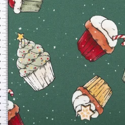 French Terry Stoff Weihnachts-Cupcakes dunkelgrün Weihnachtsstoff angeraute Innenseite 250g/qm 150cm Breite