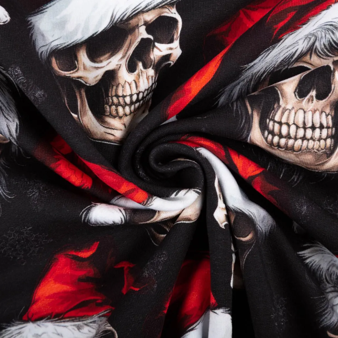 French Terry Weihnachtsstoff Skulls Totenköpfe schwarz rot 145cm