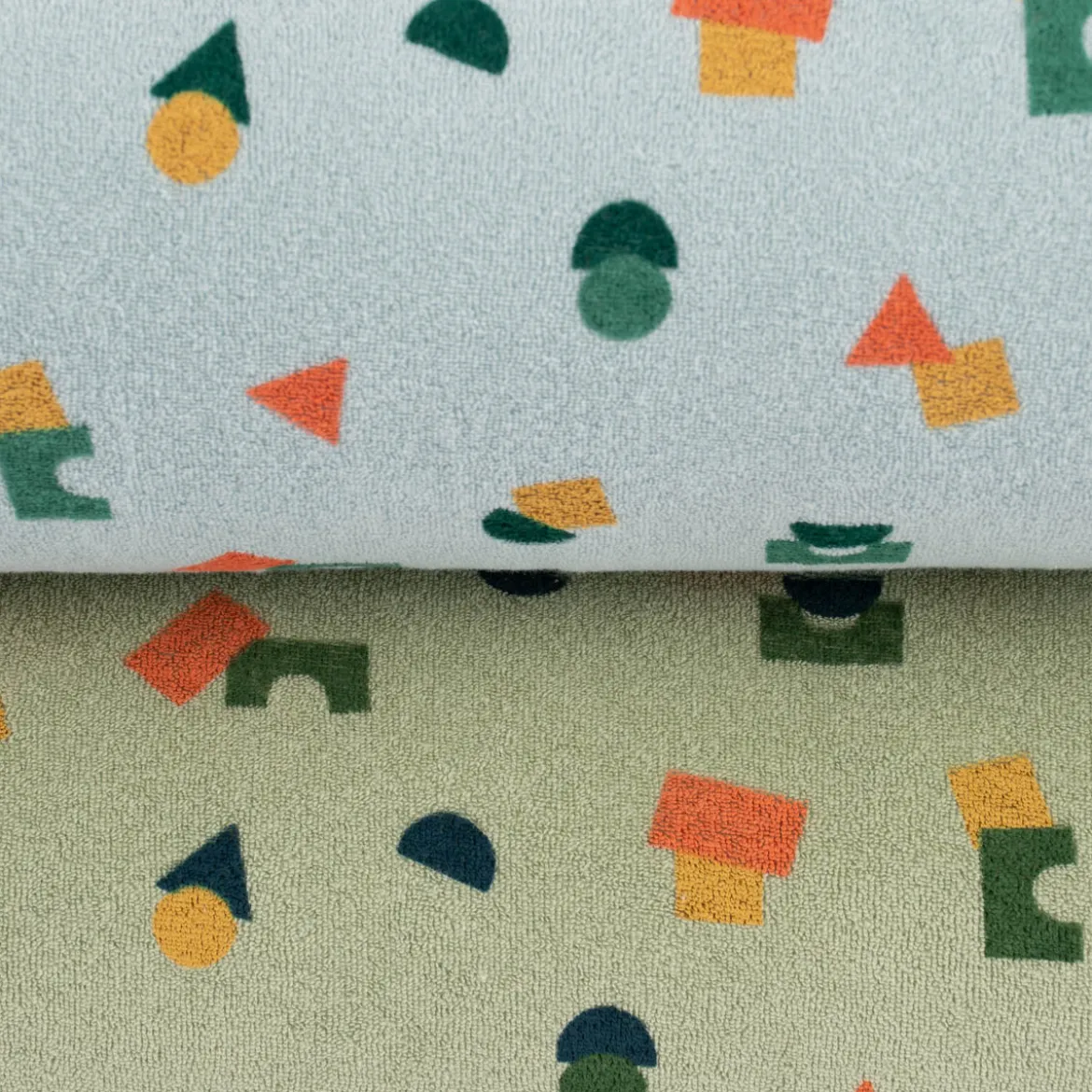 Frotteestoff Stretch Frottee Geometrie Bauklötze hellblau orange grün ocker 1,5m Breite