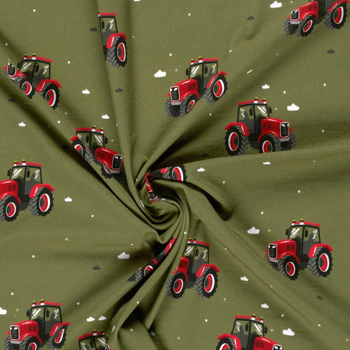 Fräulein von Julie Jersey Stoff Baumwolljersey Traktor Digitaldruck grün rot 1,50m Breite