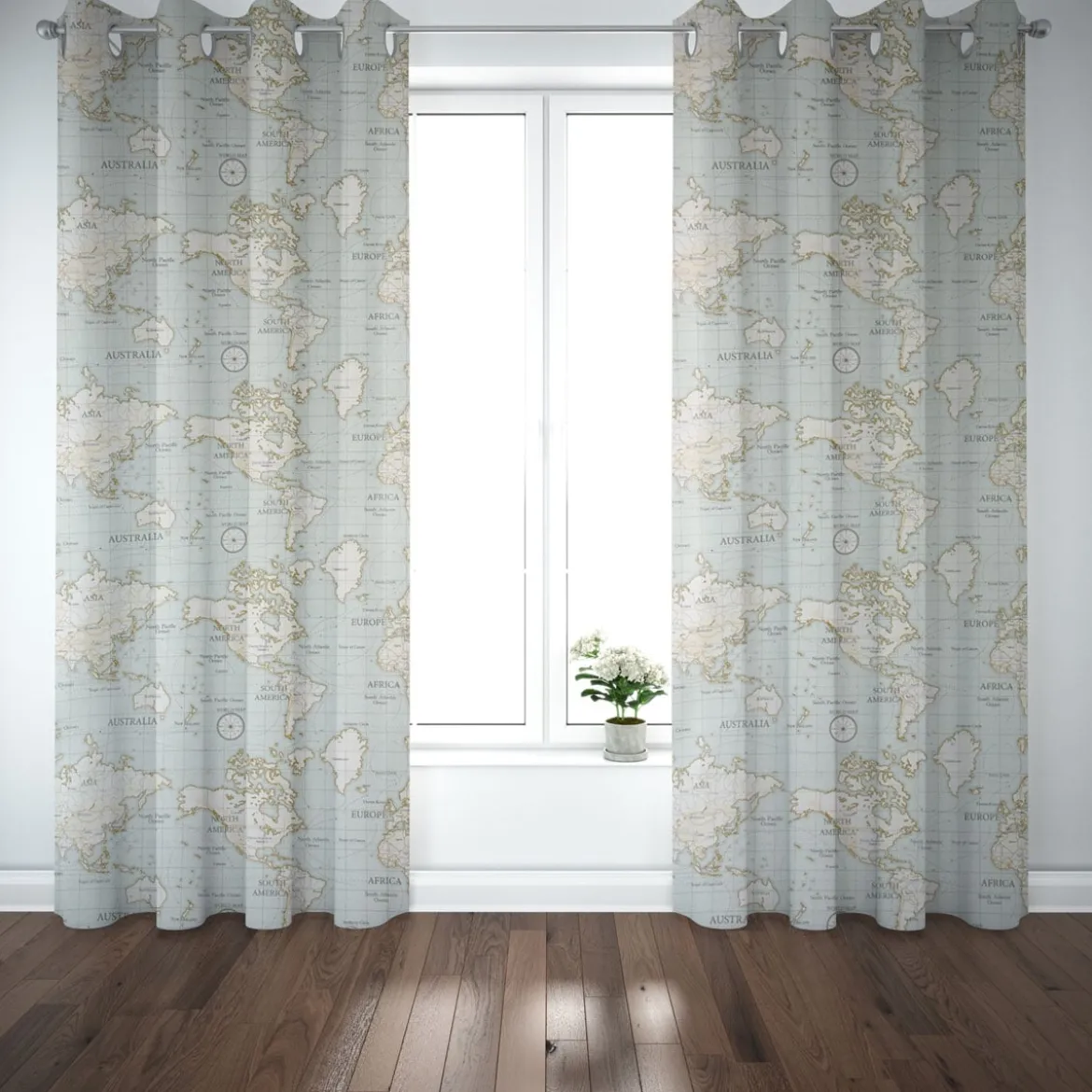 Fryett`s Englischer Dekostoff Baumwollstoff Halbpanama Weltkarte hellblau 138cm Breite