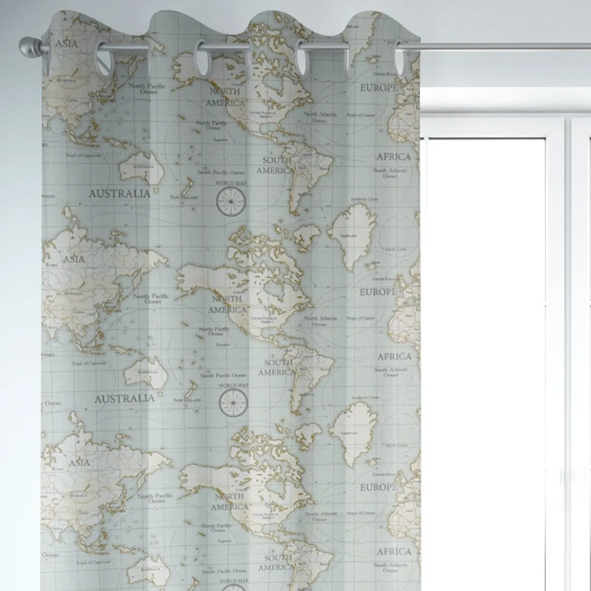 Fryett`s Englischer Dekostoff Baumwollstoff Halbpanama Weltkarte hellblau 138cm Breite