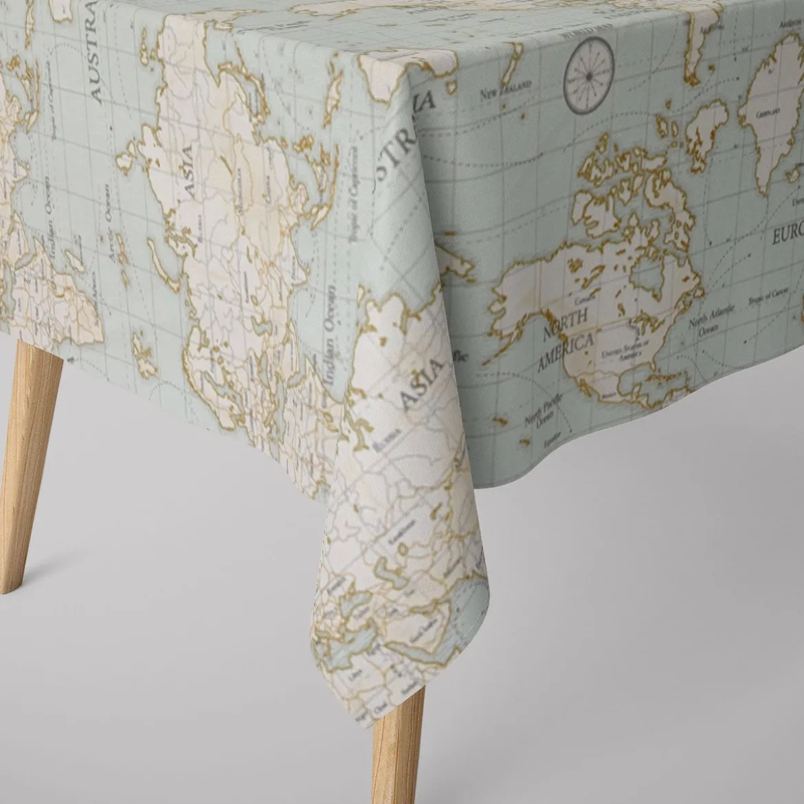 Fryett`s Englischer Dekostoff Baumwollstoff Halbpanama Weltkarte hellblau 138cm Breite