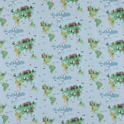 Fryett`s Englischer Dekostoff Baumwollstoff Halbpanama Kinder Weltkarte Tiere hellblau 138cm Breite