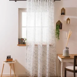 Gardine Blätter weiß türkis mit Smok-Schlaufenband in div. Breiten mit 245cm Höhe oder Wunschmaß von SCHÖNER LEBEN.