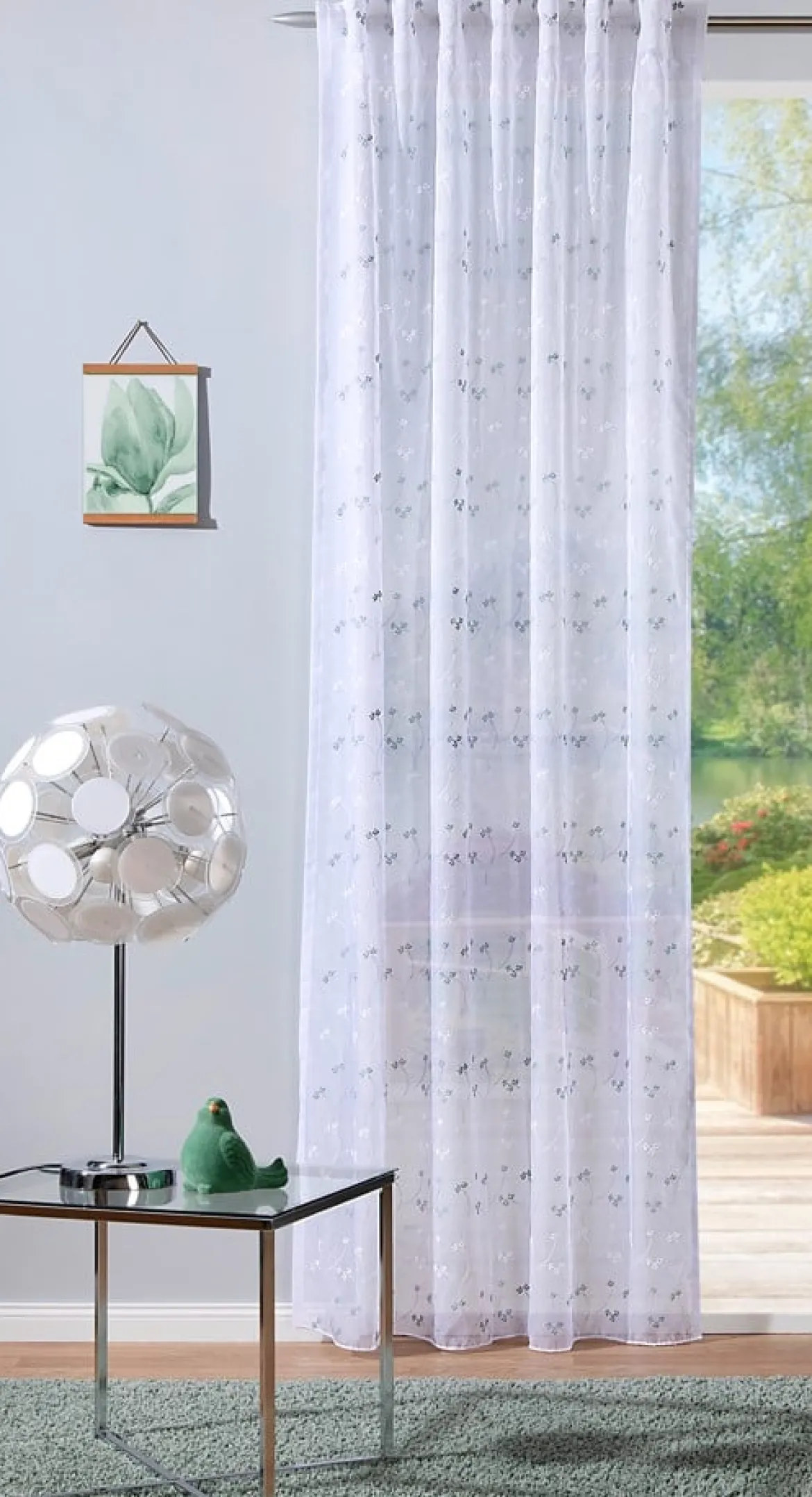 Gardine mit Schlaufenband Blümchen-Stickerei weiß mintgrün 140x245cm