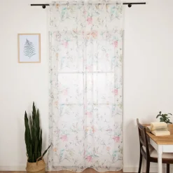 Gardine mit Schlaufenband Leinenoptik Frühlingsblumen weiß pastell 140x245cm