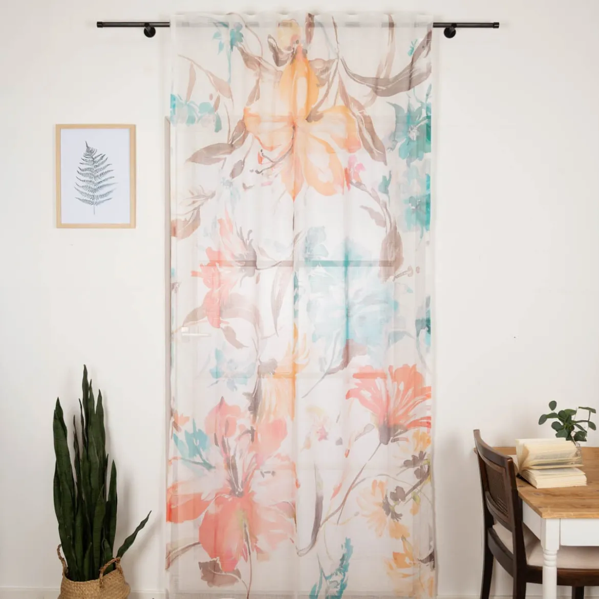 Gardine mit Schlaufenband Leinenoptik Aquarell-Blüten weiß aqua orange 140x245cm