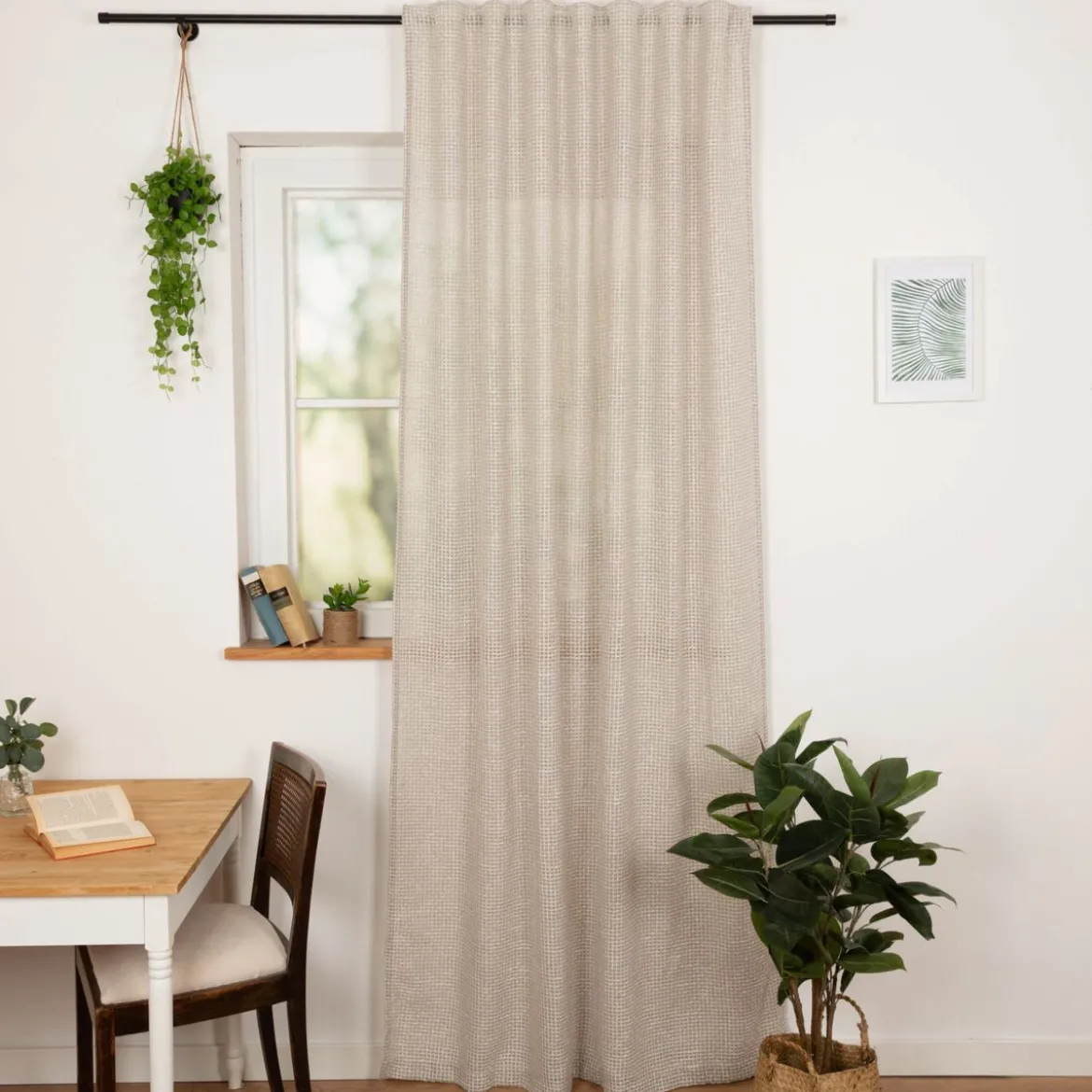 Gardine mit Schlaufenband rustikale Bouclé Karos Natur Taupe 140x245cm