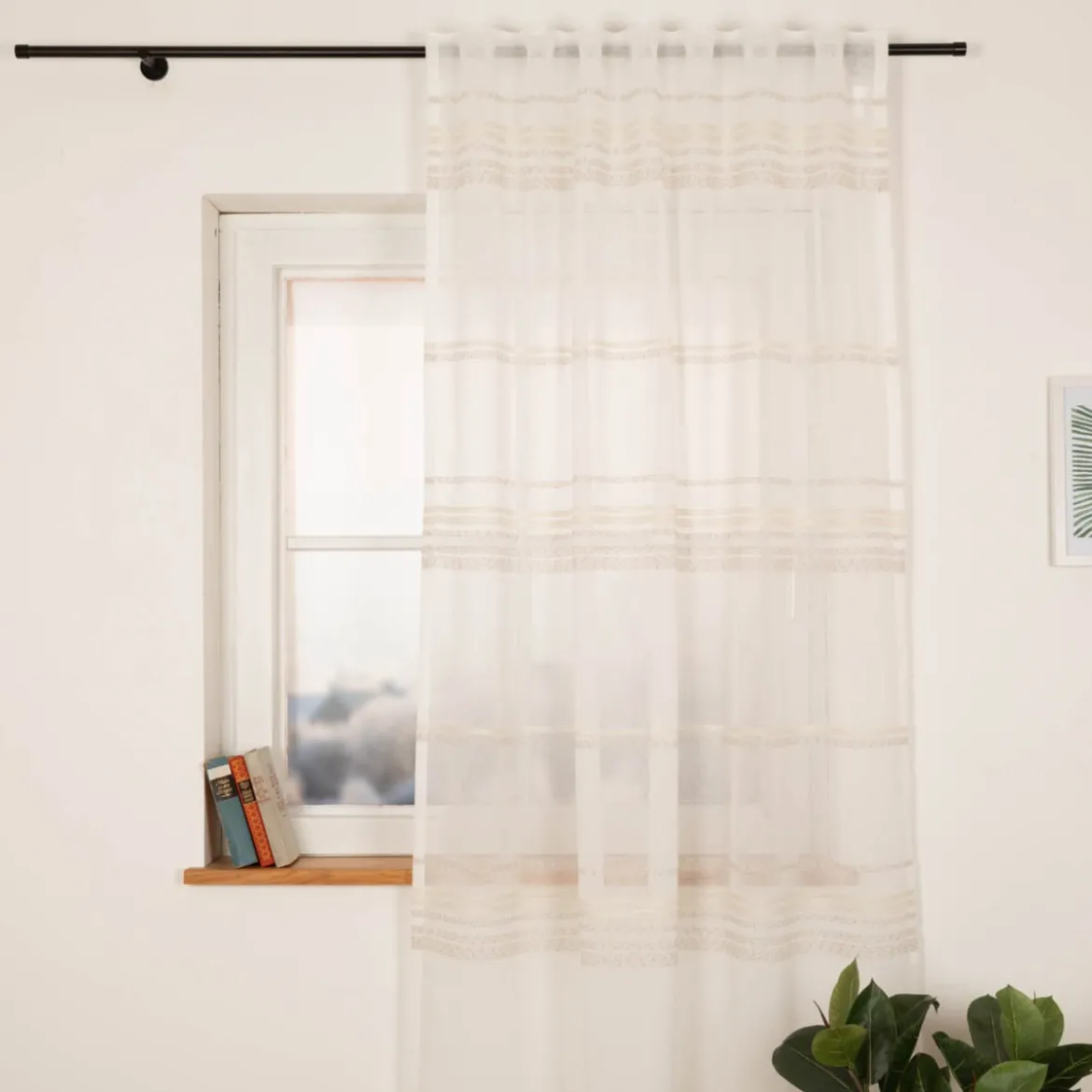 Gardine mit Schlaufenband Voile Bouclé-Streifen Wollweiß Natur 140x245cm