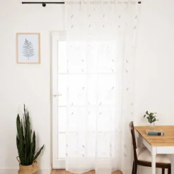 Gardine mit Smok-Schlaufenband Voile Stickerei Blätter weiß grün 2,45m Höhe und div. Breiten von SCHÖNER LEBEN.