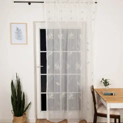 Gardine mit Smok-Schlaufenband Voile Stickerei Blätter weiß grün 2,45m Höhe und div. Breiten von SCHÖNER LEBEN.