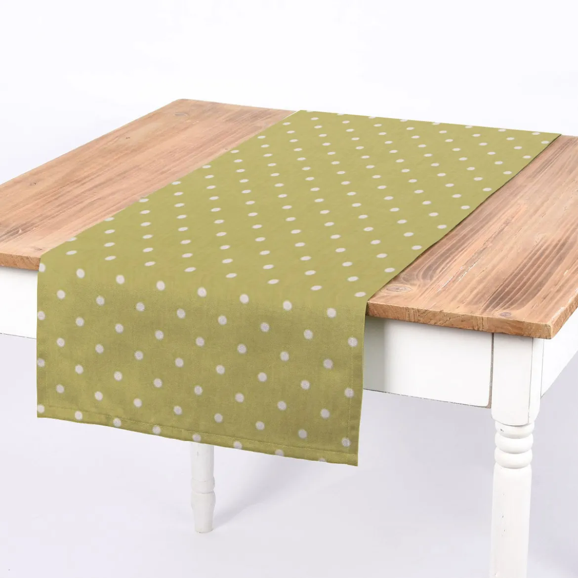 Gardinenstoff Dekostoff Baumwollstoff Full Stop oliv grün mit weißen Punkten 140cm Breite
