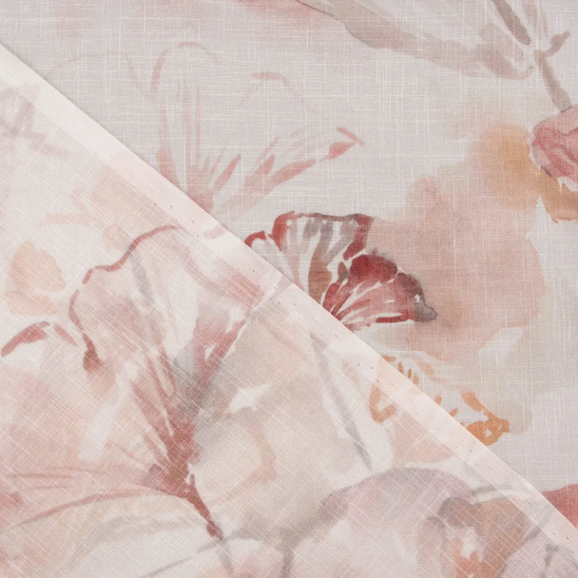 Gardinenstoff Dekostoff halbtransparent Leinenstruktur Aquarell Ginkgo Blätter weiß braun 1,50m Breite