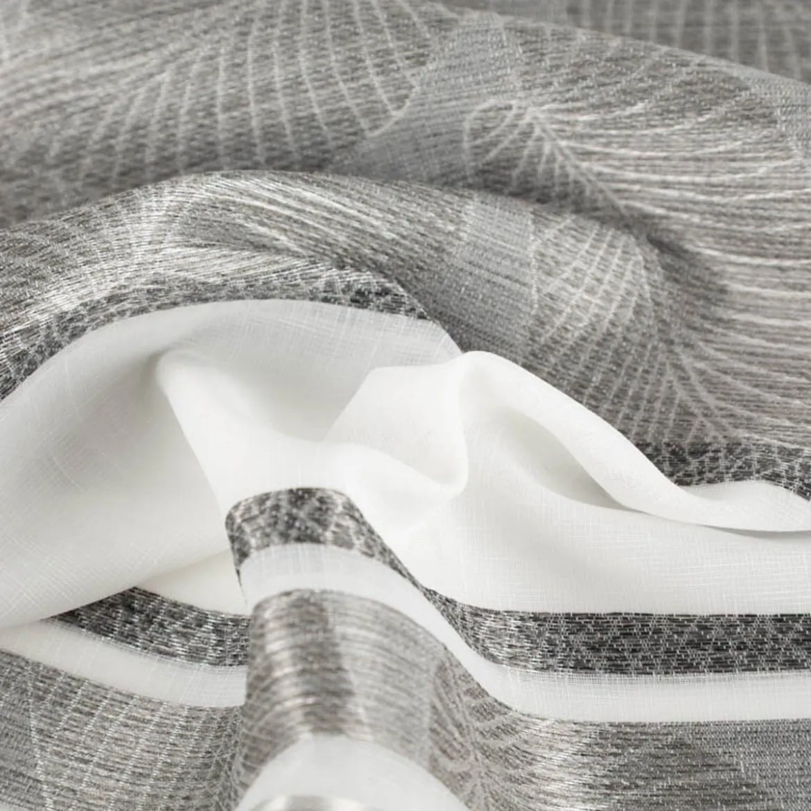 Gardinenstoff Dekostoff halbtransparent Jacquard-Streifen Blätter weiß taupe 1,50m Breite