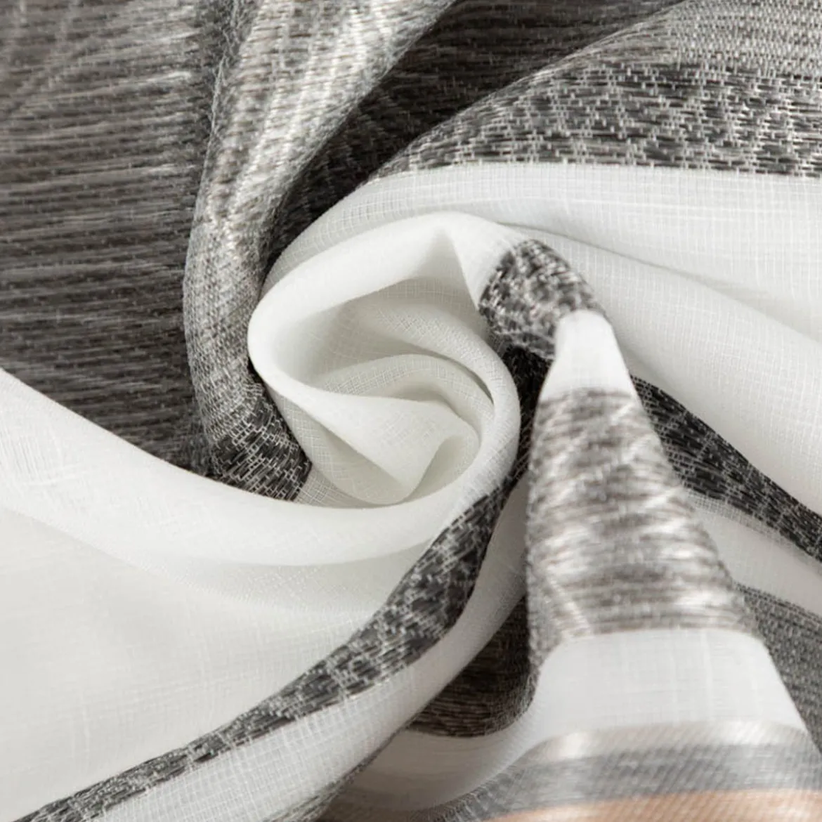 Gardinenstoff Dekostoff halbtransparent Jacquard-Streifen Blätter weiß taupe 1,50m Breite
