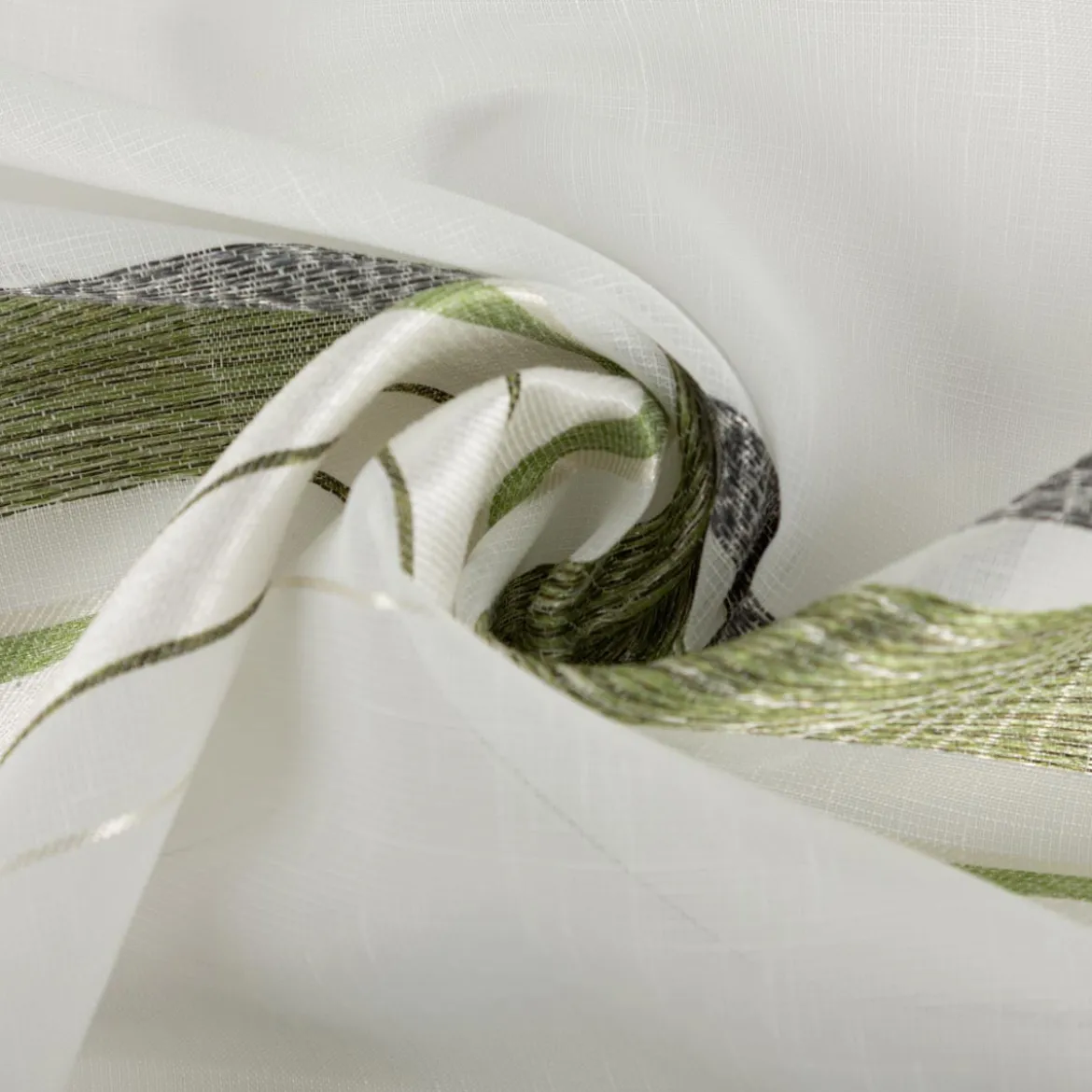 Gardinenstoff Dekostoff halbtransparent Jacquard-Streifen Blätter weiß grün 1,50m Breite