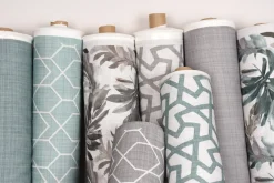 Gardinenstoff Dekostoff Jacquard Digitaldruck Linien Grafik beige blau 1,4m Breite
