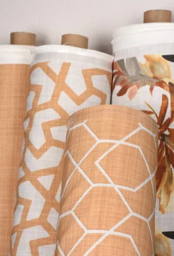 Gardinenstoff Dekostoff Jacquard Digitaldruck Geometrie Sechseck gelb beige 1,4m Breite