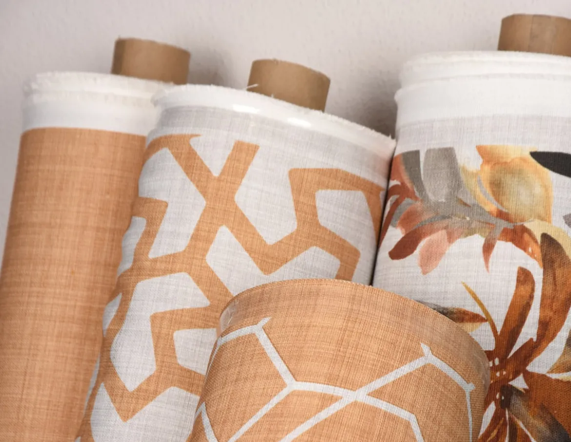 Gardinenstoff Dekostoff Jacquard Digitaldruck Geometrie Sechseck gelb beige 1,4m Breite