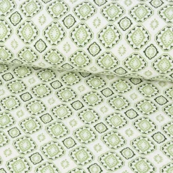 Gardinenstoff Dekostoff Landhausstoff Ornamente weiß grün 1,60m Breite