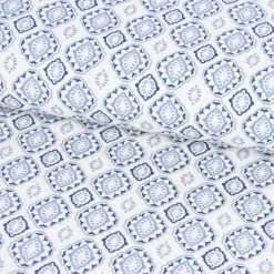 Gardinenstoff Dekostoff Landhausstoff Ornamente weiß blau 1,60m Breite