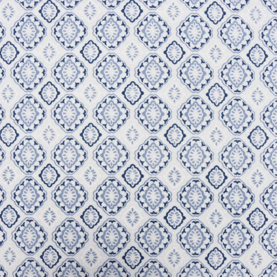 Gardinenstoff Dekostoff Landhausstoff Ornamente weiß blau 1,60m Breite