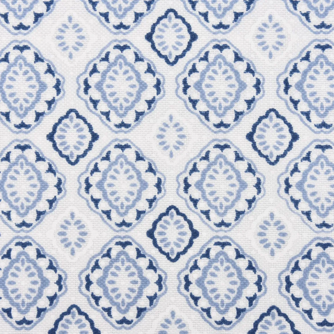 Gardinenstoff Dekostoff Landhausstoff Ornamente weiß blau 1,60m Breite