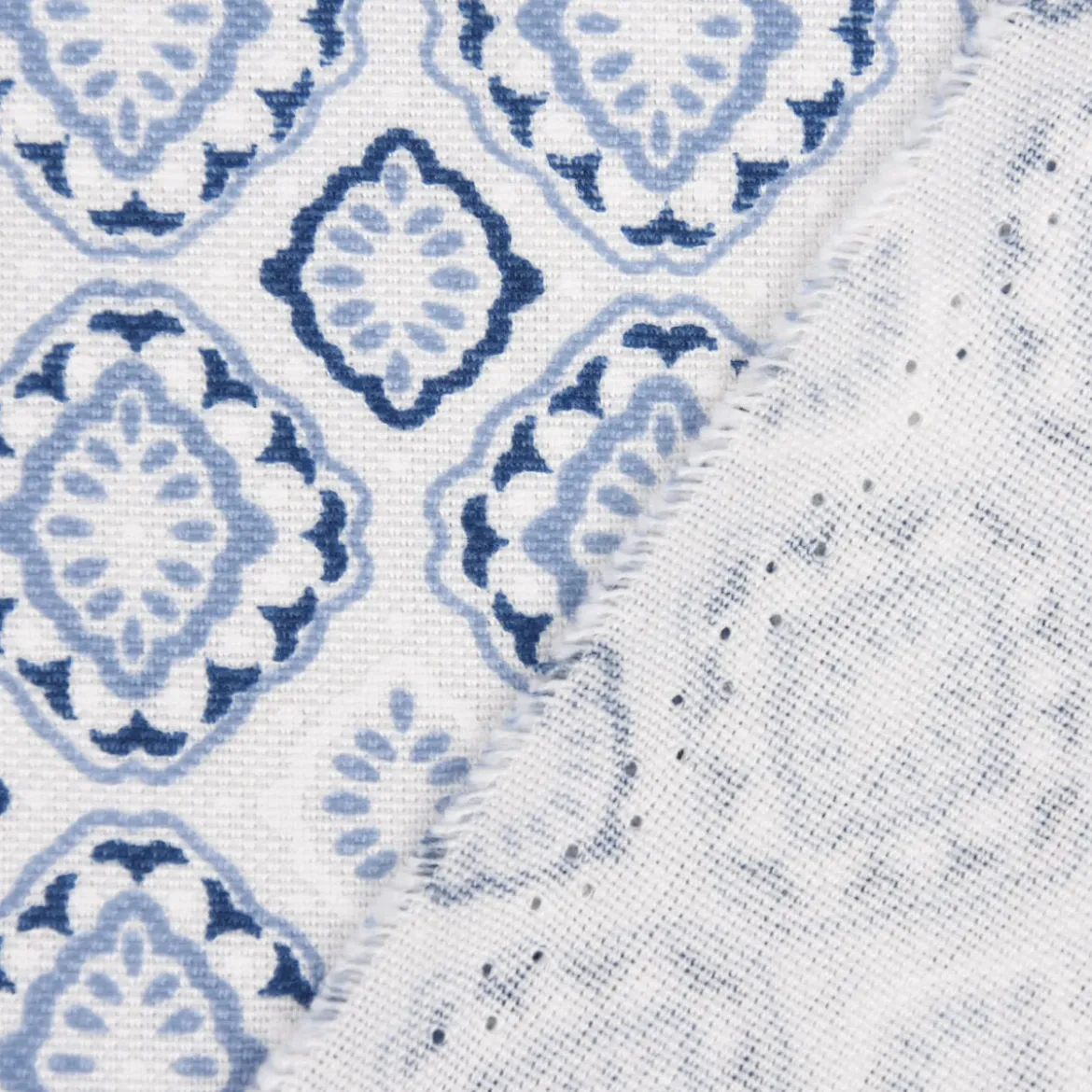 Gardinenstoff Dekostoff Landhausstoff Ornamente weiß blau 1,60m Breite