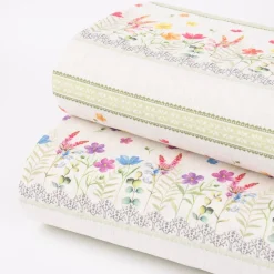 Gardinenstoff Dekostoff Landhausstoff Wiesenblumen Streifen natur bunt lila 1,60m Breite